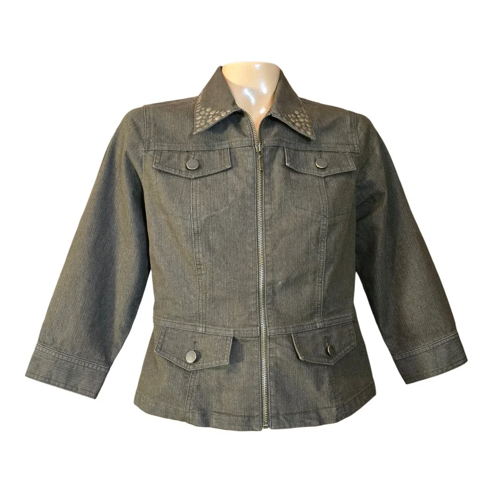 Ruby Rd Denim Jacket Studded‎ Collar Zip 3/4 Sleeve Pleated Olive Green 8 Petite